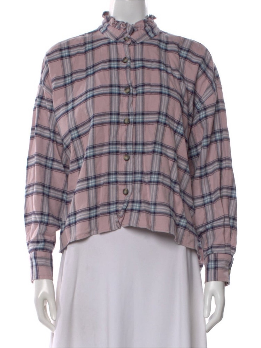 Pink Plaid Button-Up Ruffle Collar Shirt